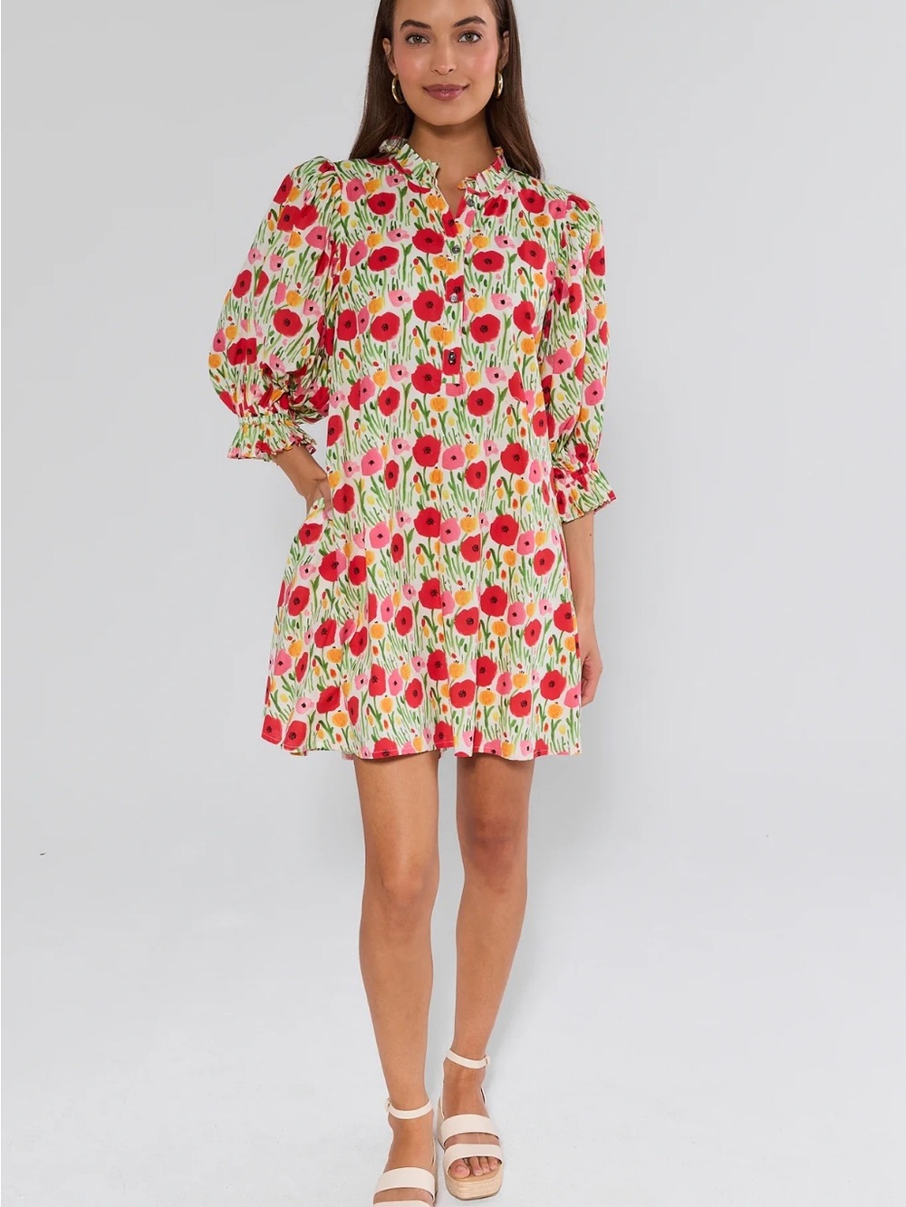 Floral Puff-Sleeve Mini Dress in Red & Pink